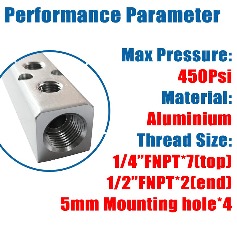 Quality 7 Way 9 Port Air Manifold 1/2" NPT Supply Port 1/4" NPT Outport With Mounting Hole Aluminum Silver 1Pcs