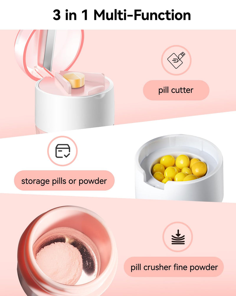 Pill Crusher Fine Powder - Cotatoc 3-in-1 Pill Crusher with Stainless Steel Grinding Pestle, Portable Pill Cutter and Crusher for Elderly and Pets (Pink) Pink