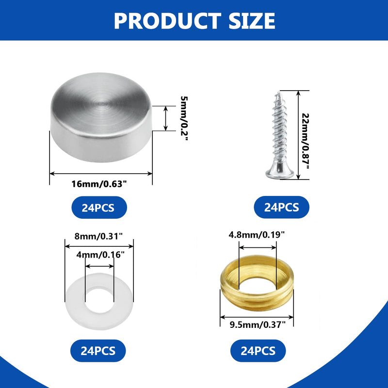 24 Pcs Stainless Steel Screw Cover Cap, 0.63"/16mm Diameter Mirror Screw Cap, Decorative Screws Cover Fasteners for Furniture, Mirrors, Signage, and Advertising Hardware