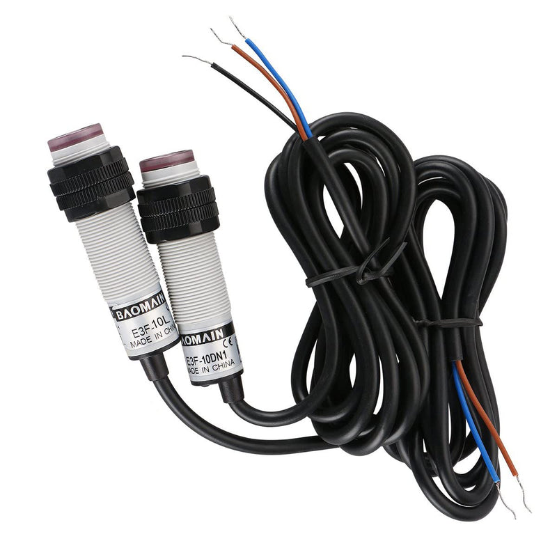 Baomain 1 Pair M18 Infrared Ray Through-Beam Reflection Optical Photoelectric Sensor Switch E3F-10DN3/E3F-10L NPN NO+NC 10-30V DC Sensing Distance 10m 4 Wires with Mounting Bracket