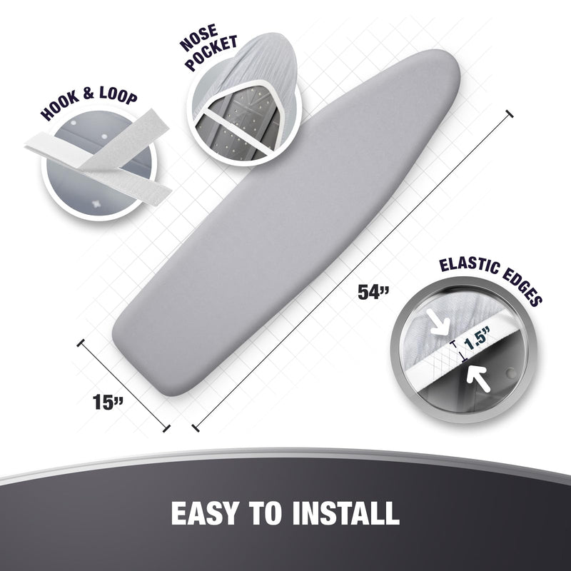 Extra Thick Ironing Board Covers with Pad Standard Size 15x54, Full Scorch Resistant Padding, Heat Reflective Silicone Coating, Durable Nose Pocket Fastener Straps Elastic Edges, Gray