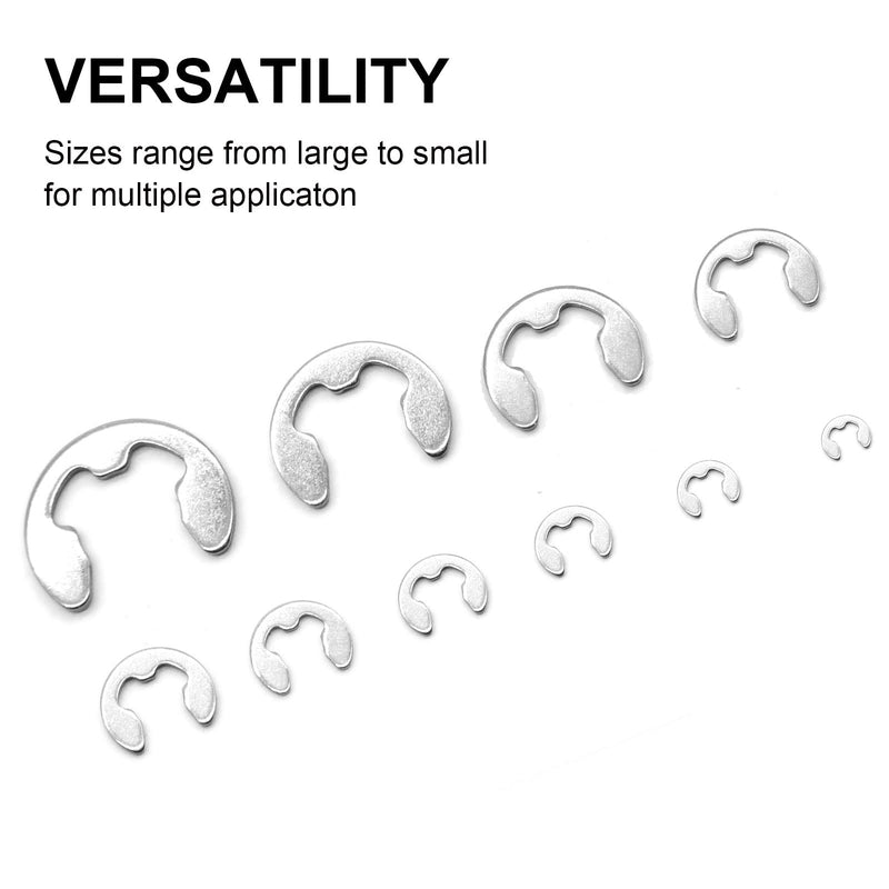 QTEATAK 200-Pcs 10-Size Stainless E-Clip Circlip External Retaining Ring Assortment Set - 304 Stainless Steel(1.5mm 2mm 2.5mm 3mm 3.5mm 4mm 5mm 6mm 7mm 8mm)