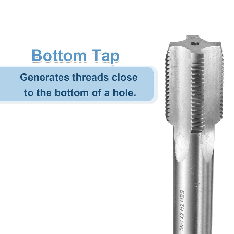 uxcell Hand Bottom Tap M27 x 2 H2 Metric Thread Bottoming Style Threading Taps High Speed Steel HSS6542 Straight Flutes Screw Tapping Tool
