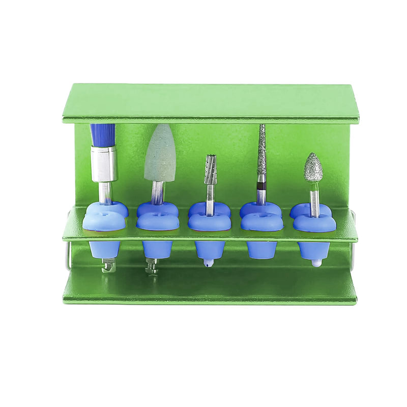 5pcs 10 Holes Dental Burs Holder Block Case with Blue Silicone Dental Autoclavable Burs Holders (Green) Green