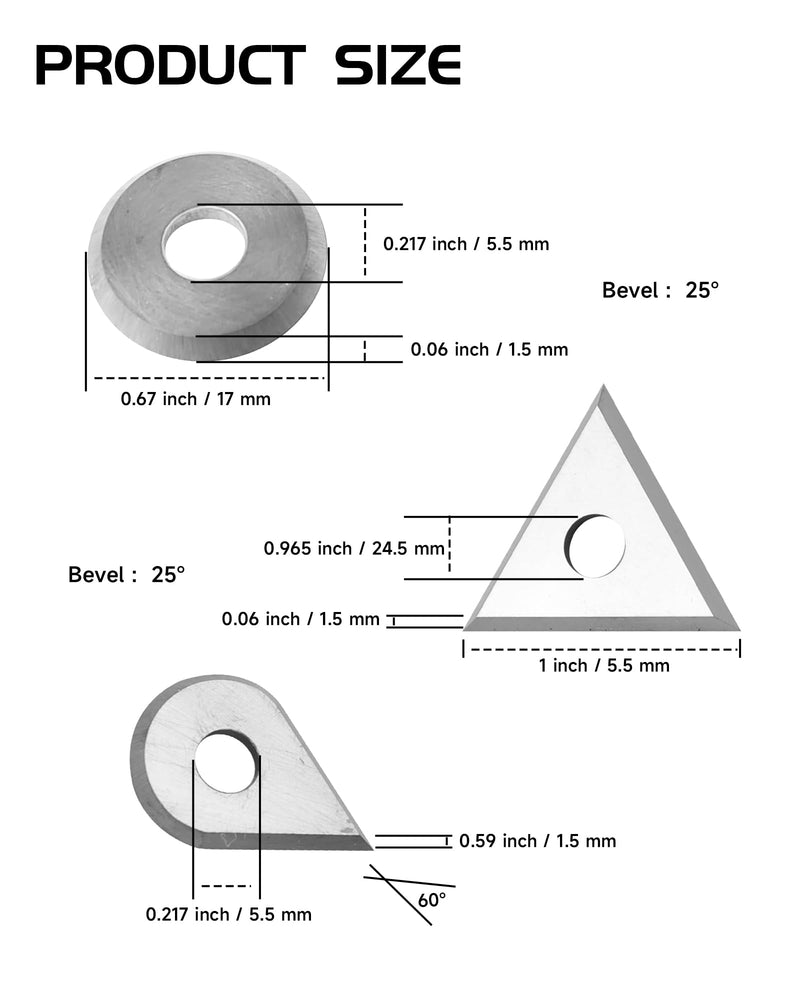 Carbide Paint Scraper Blades, 3Pcs Round, Triangular and Drop Shaped Blades