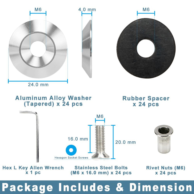 M6 24mm Washer Bolt Kit for Fender Flares Widebody Silver | 24-set · engine bay dress-up · bumpers · mud flaps · 4mm thick · bolts + rivet nuts · rubber spacers · CNC machined M6