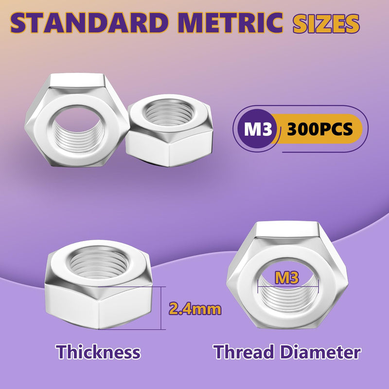 M3 Hex Nuts, 300Pcs Hardware Nuts, Metal Nuts, Steel Nut, (18-8) 304 Stainless Steel Metric Nuts Set, Assorted Hardware Nuts Sets for Bolt for Furniture, Automotive, Industry and Construction M3 300