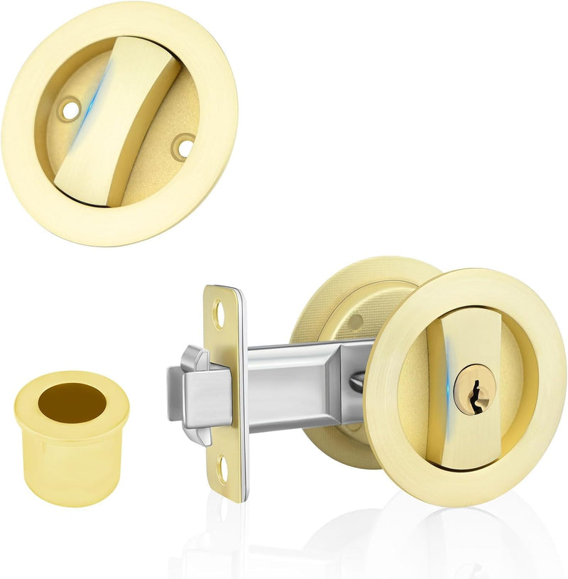 Dontay Pocket Door Keyed Lock, Round Contemporary Entrance Sliding Barn Door Lock Latch, Recessed 2 Sided, 2-3/8 inch Backset, Flush Handles Hardware(Satin Brass,1)