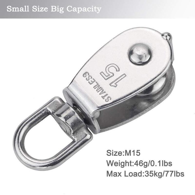12Pcs Single Pulley Block (M15), AUHOKY 304 Stainless Steel Hanging Wire Towing Wheel, Swivel Lifting Wire Rope Cable Pulley Roller, Max-Load 35kg/77lbs 12 Pcs