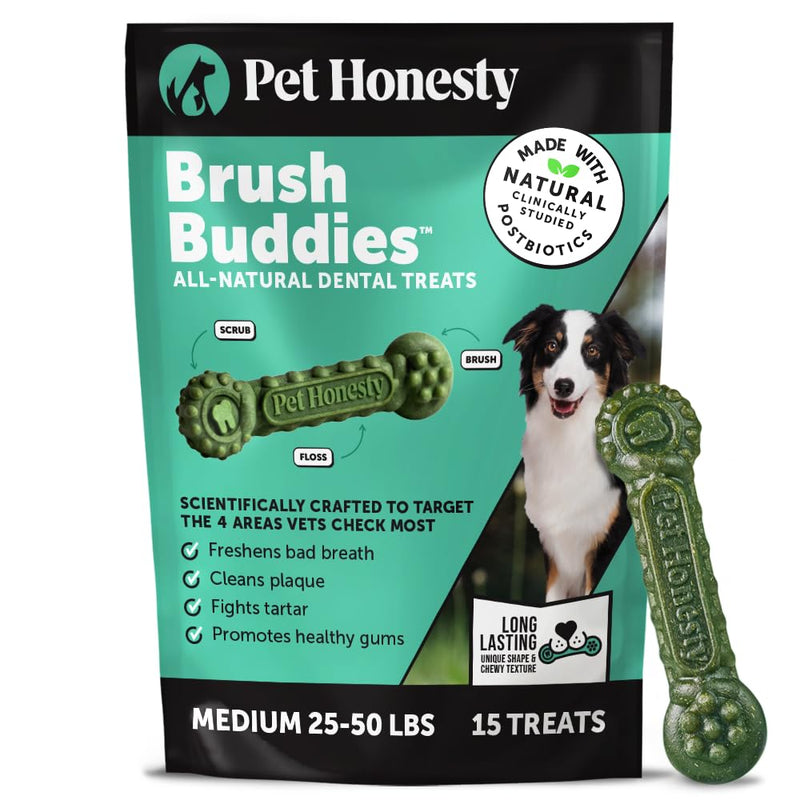 Pet Honesty Brush Buddies All Natural Dog Dental Treats for Dogs – Long Lasting Dental Sticks for Dogs, Teeth Cleaner, Breath Freshener, Plaque & Tartar Remover – Medium Sized Dogs (15 Count) Medium Dog - 15 Count