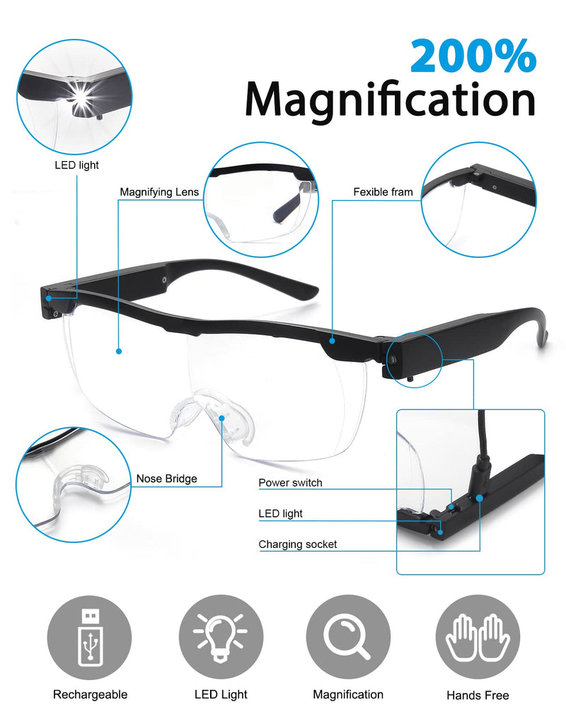 OKH 200% Magnifying Glasses with Light, Rechargeable LED Lighted Magnification Eyeglasses, Bright Sight Hands Free Magnifier Glasses for Close Work, Craft, Jewellers, Reading, Hobby Not Anti-blue Light (Pack of 1) 2.0x