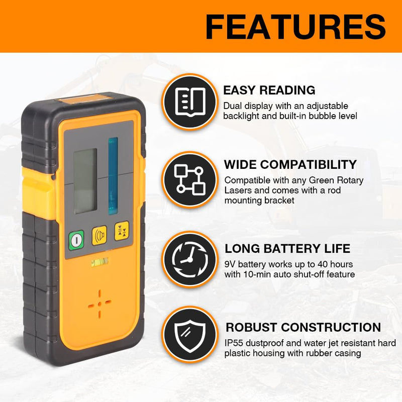 Digital Rotary Laser Receiver with Dual Display and Built-In Bubble Level, Compatible with All Green Rotary Lasers - Rod Clamp Included (Green Beam-RD-FT-G) Green Beam-RD-FT-G