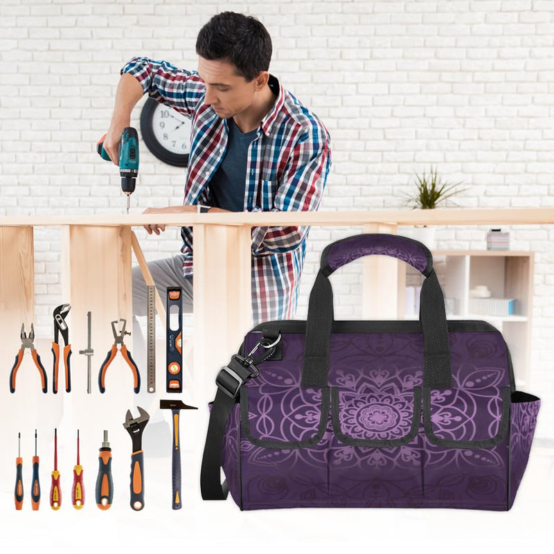 Purple marble pattern Tool Bag – Heavy-Duty Multi-Pocket 14+ Pockets (6 Inner + 6 Outer + 2 Side), Removable Shoulder Strap, for Construction, Gardening, Camping, Travel – 14.8 x 9.1 x 10 Inches