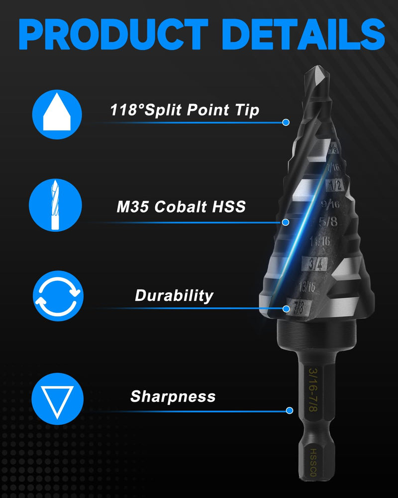 M35 Cobalt Step Drill Bit for Metal, Carbon Steel, Stainless Steel, Wood, Plastic,3 PCS, 1/8"-7/8" 1/8"-7/8"（3PCS）