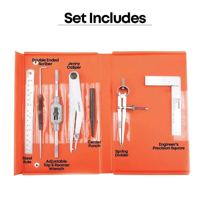 Groz 7-Piece Engineer's Tool Set with Wallet Case, Includes 4" Precision Square, 6" Jenny Caliper, 6" Steel Rule, Scriber, Center Punch, Tap & Reamer Wrench, 4" Spring Divider (3601)