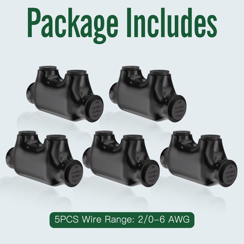 5PCS 2Port Insulated Inline Splice Connector 2/0-6 AWG, Electrical Splice Connector, Black Vinyl Coated, Dual-Rated for Copper and Aluminum Wires 5PCS 2/0-6 AWG