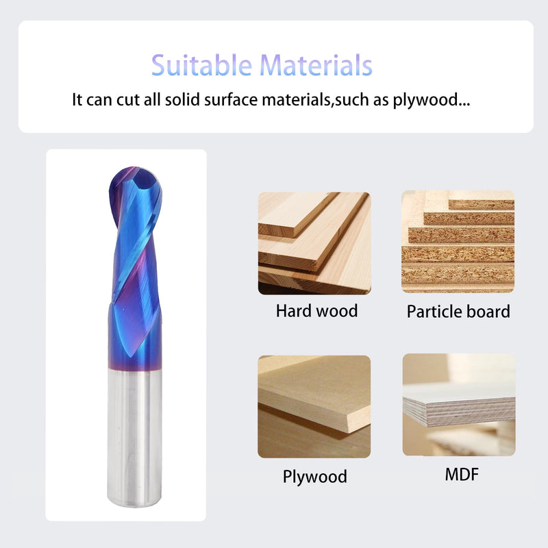 NE11 CNC Router Bits Carbide Ball Nose End Mill with Nano Blue Coating 1/2inch Shank 3inch OVL for Side Milling End Milling Finish Machining(1/2" CD X 1-1/4"CL X 1/2" SD X 3" OL) Nano Coated