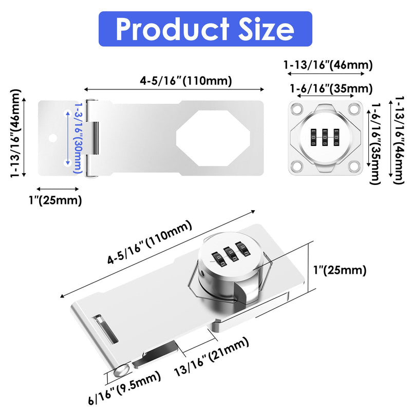 Mechanical Password Rotary Hasp Locks, Cabinet Locks with Combination, Door Security Latch for Small Barn Doors, Cabinets, Gate, Bathroom, Outdoor, Closet, Fence (2 Packs Silver) 2 Packs Silver