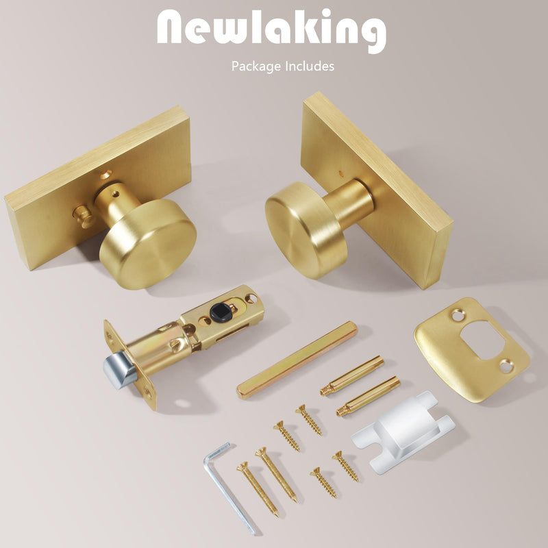 Satin Brass Zinc Alloy Privacy Door Knob with Lock, Heavy-Duty Round Handle with Rectangle Frame, Bedroom Bathroom Interior Quick Installation Lock Set, 1 Pack Satin Brass