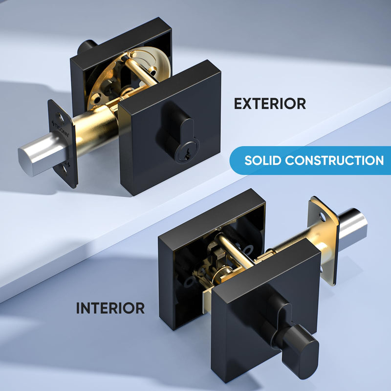 TICONN Matte Black Door Handle Heavy Duty, Reversible Square Door Lever for Bedroom, Bathroom, Rooms (Deadbolt Only, 2 Pack) Deadbolt Only