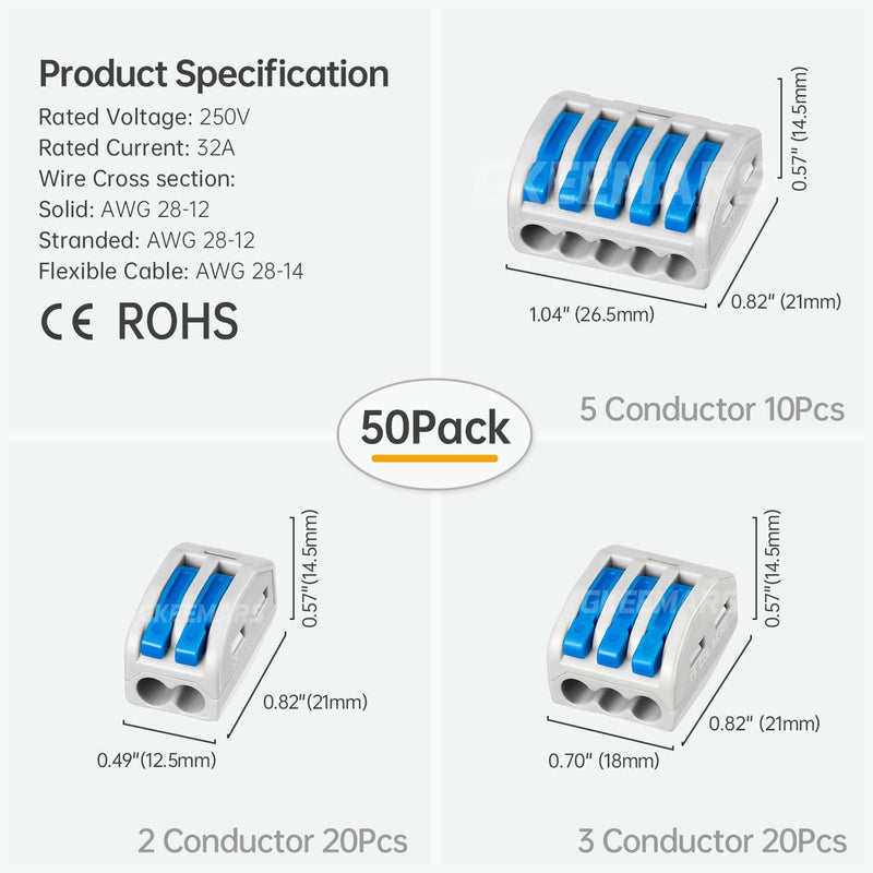 GKEEMARS 50Pcs Lever Wire Connectors, Compact Splicing Conductor Connector for Solid Stranded Flexible Wires 28-12 AWG (Blue)