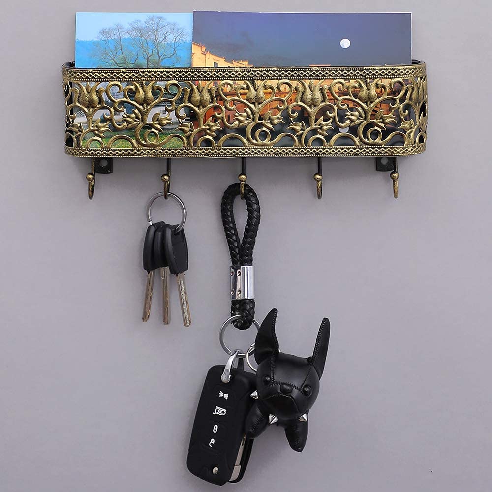 OAKEER Wall Mount Mail Holder and Key Hooks, Bronze Basket with Hanging Key Rack Holder for Organizing Keys Mail and Other Small Objects.Flower Bronze Flower Bronze - NewNest Australia