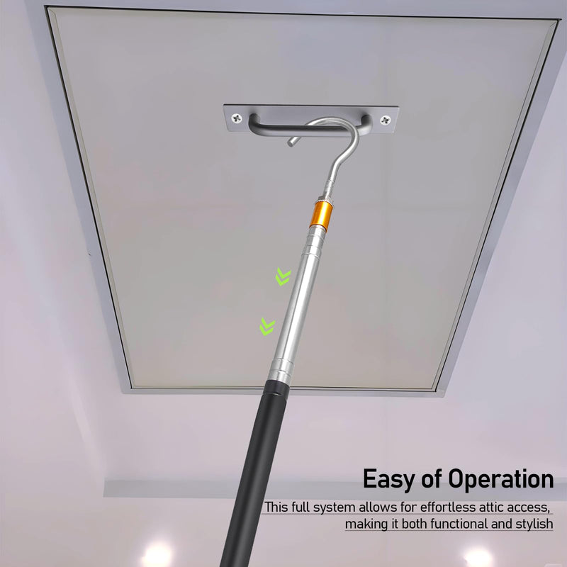 Attic Ladder Pull Down System Kit -60 Inch Telescopic Rod with Elegant Aluminum Alloy Handle and Stainless Steel Hook for Easy Rope Replacement