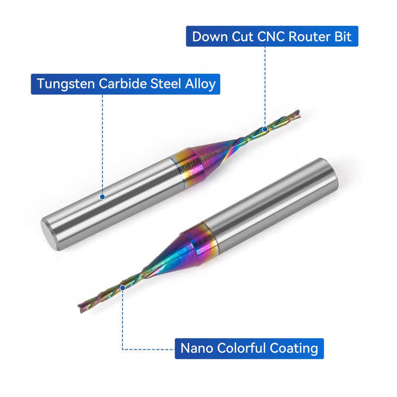 2pcs Downcut Spiral Router Bits 1/4 inch Shank, 1/16 Inch Cutting Diameter, Carbide with Nano Blue Coating CNC Router Bits End Mill for Wood Cut, Carving (1/16" Dia -1/2" CL - 1/4" Shank) 1/16" Dia -1/2" CL - 1/4" Shank