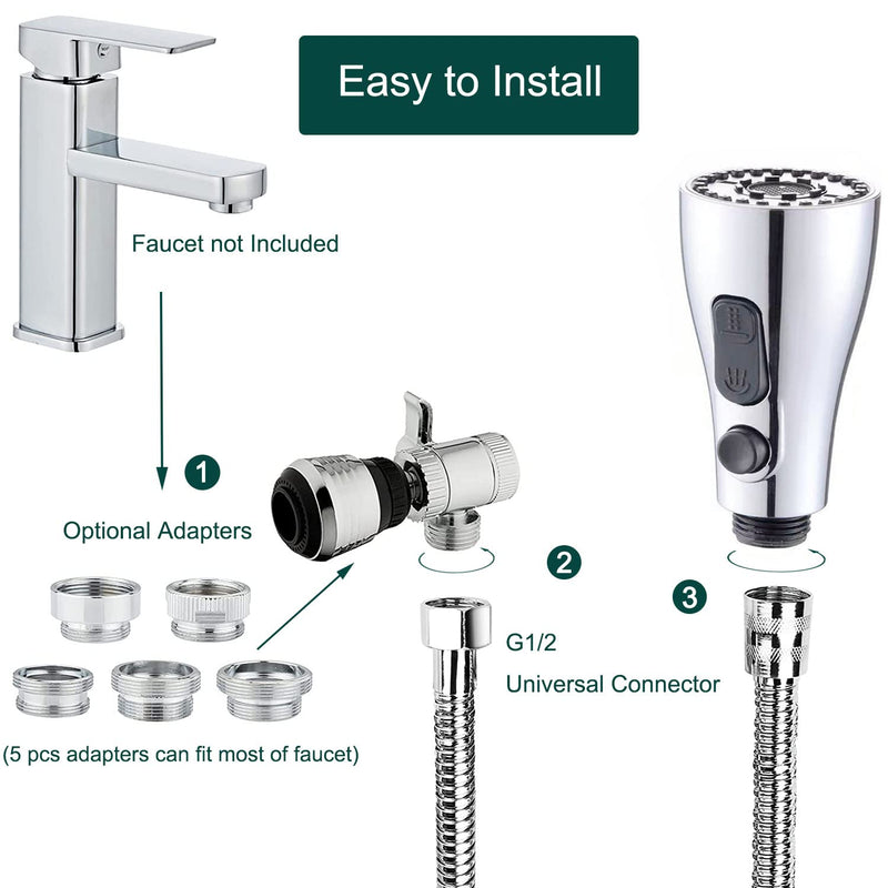 Kitchen Faucet Sink Sprayer Attachment Set,3 Modes Sink Sprayer Replacement Head with Stainless Steel Hose,Faucet Aerator and Brass Diverter Valve (5 pcs Adapter) for Washing Fruit,Dishes and Hair1 With Silver Hose