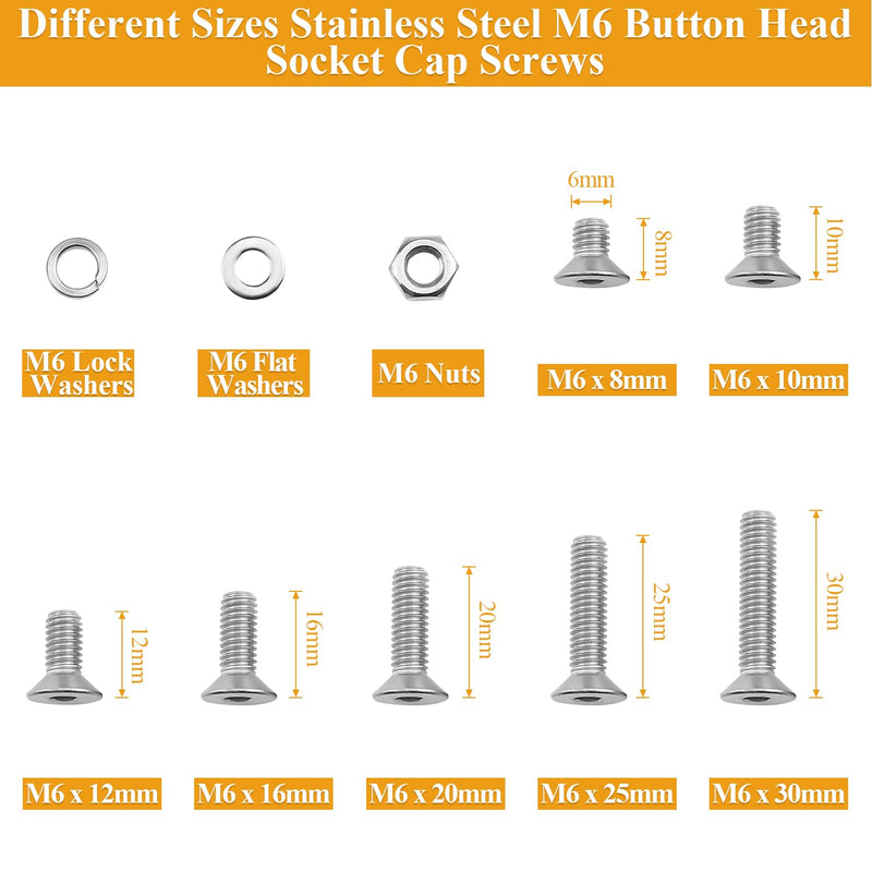 150 Pieces M6 Screws Nuts Washers Set, Sutemribor M6 x 8/10/12/16/20/25/30mm Countersunk Head Socket Cap Screws Nuts Washers Assortment Kit, 304 Stainless Steel, Fully Threaded