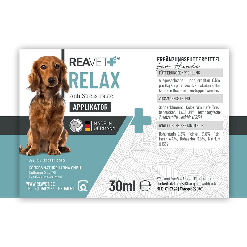 ReaVET Relax Paste for Dogs 30ml Applicator - Dog Calming, Natural Dog Calming Agent I Paste for Dogs I Ideal for Calming Stress, Anxiety & Aggression - PawsPlanet Australia