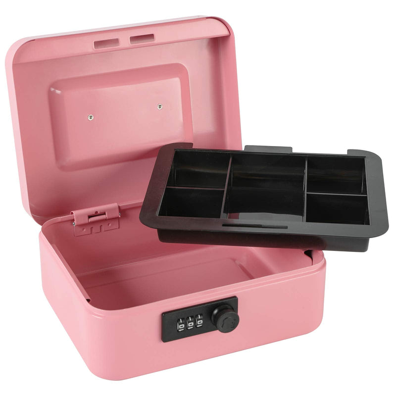 xydled Steel Cash Box Safe with Combination Lock,Money Safe Box with Removable Coin Tray,Medium,7.87"x 6.30"x 3.54",Pink Pink Medium