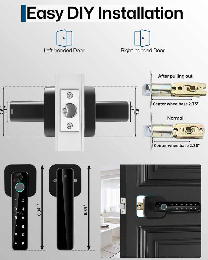 5-in-1 Smart Fingerprint Door Lock,Keyless Entry Digital Knob, Bluetooth App Control, Card and Key, Biometric Door Knob with Handle, Easy to Install for Exterior, Interior, Bedroom Doors