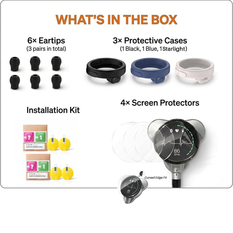 13-in-1 Protection Kit for Eko Core 500 Digital Stethoscope - 4 Pack Nano TPU Screen Protectors, 3 Silicone Cases with Dustproof Plugs & 6 Ear Tips - Eko Stethoscope Accessories
