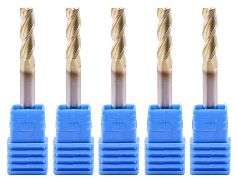 5Pcs 3/16" 3 Flute Solid Carbide Square End Mill, ZrN Coated for Aluminum | 37° Helix, 3/16" Cutting Dia, 3/16" Shank Dia, 5/8" Length of Cut, 2" Overall Length, for Milling Aluminum and Copper 3/16 in