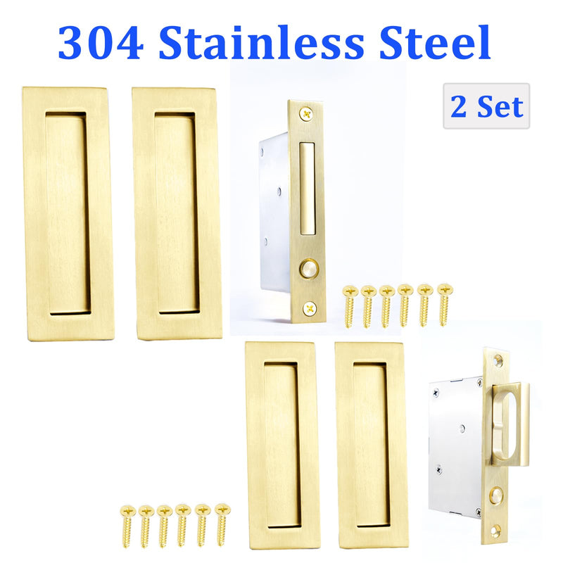 Dontay Sliding Pocket Door Handles, 304 Stainless Steel Non Locking Pocket Door Hardware, Recessed Flush Finger Pulls, Heavy Duty Edge Pull with Pop Out Ring Pull (Satin Brass (2 Set), 4.72 Inch) Satin Brass (2 Set)
