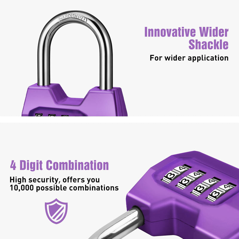 1 Pack disecu 4-Digit Combination Locker Lock, Wide Shackle Waterproof Outdoor Padlock for School Gym Locker, Sports Locker, Fence, Gate, Shed, Storage Unit (Purple) 1 Pack Purple