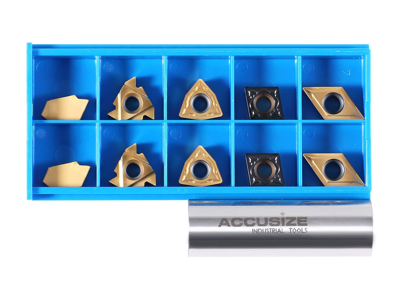 Accusize Industrial Tools 2 Pc of Each Kind of Carbide Inserts for 2988-0058, Tin Coated, Total 10 Pieces, 2988-0058Inserts | 2 Each of 16ER, GTN-3, WCMT32.5, CCMT32.5, and DCMT32.5; TiN and CVD Coated for Steel, 2988-0058INSERTS