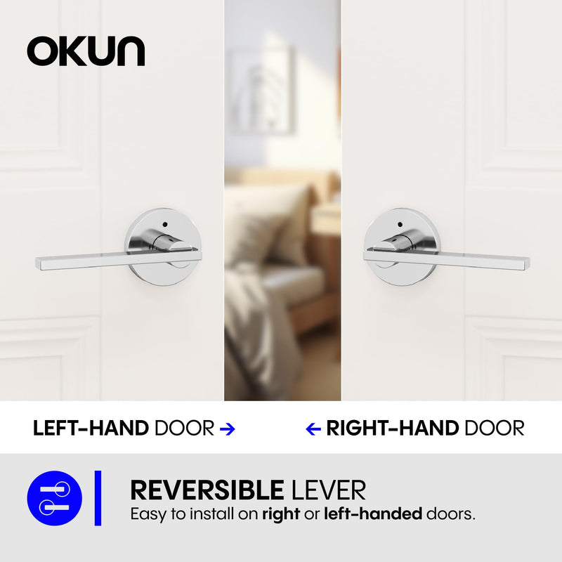 Okun Valli 1-Pack Chrome Privacy Door Levers – Push Button Lock, Reversible, Sleek Concealed-Mount Design for Bedroom & Bathroom 1 Pack