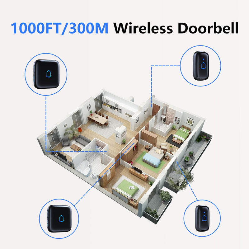 Doorbell Wireless Doorbell IP66 Waterproof 1000 Feet with 56 Chimes 115dB 7 volume levels Mute Mode & LED Flash Doorbell Ringer Wireless for Kids Room Teachers Classroom Home Office & Hearing-Impaired Mini Black