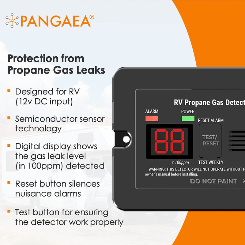 PANGAEA Digital RV Propane Gas Detector with 85dB Loud Alarm, DC 12V, for Trailer, Motorhome, Motorcoach (Surface Mount - Black) Surface Mount - Black