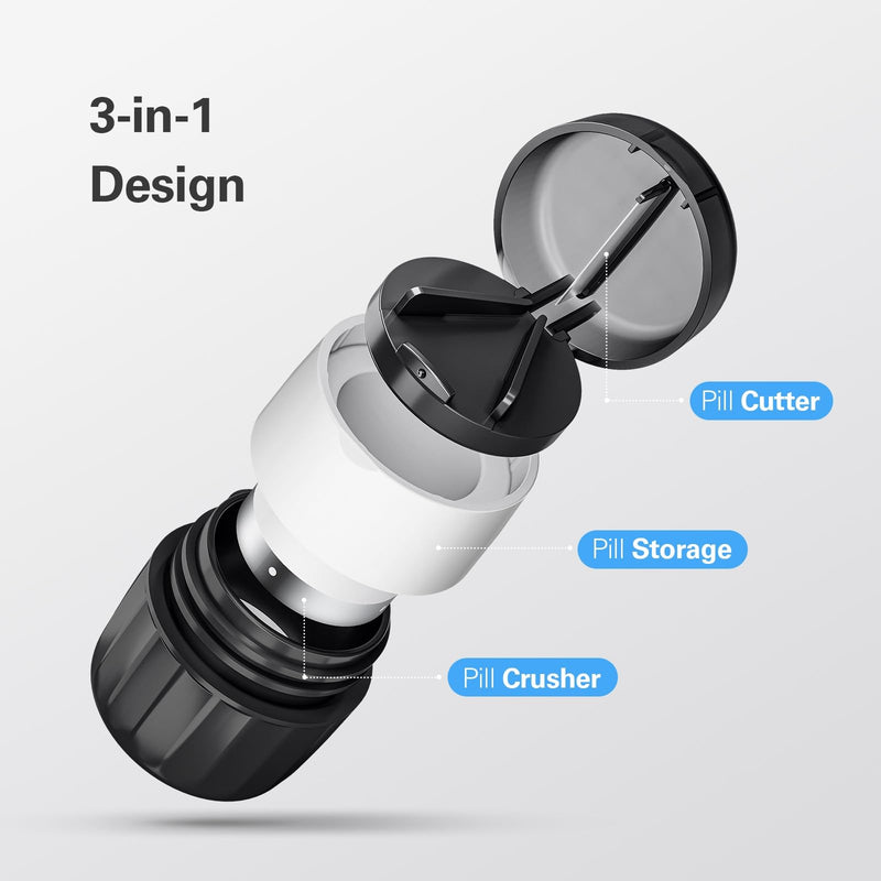 DEPAD 3-in-1 Pill Crusher and Pill Cutter, Pills Crusher Fine Powder with Stainless Steel Grinding Head, Pil Grinder with Storage for Tablets, Cutter Splitter for Small and Tiny Pills Black