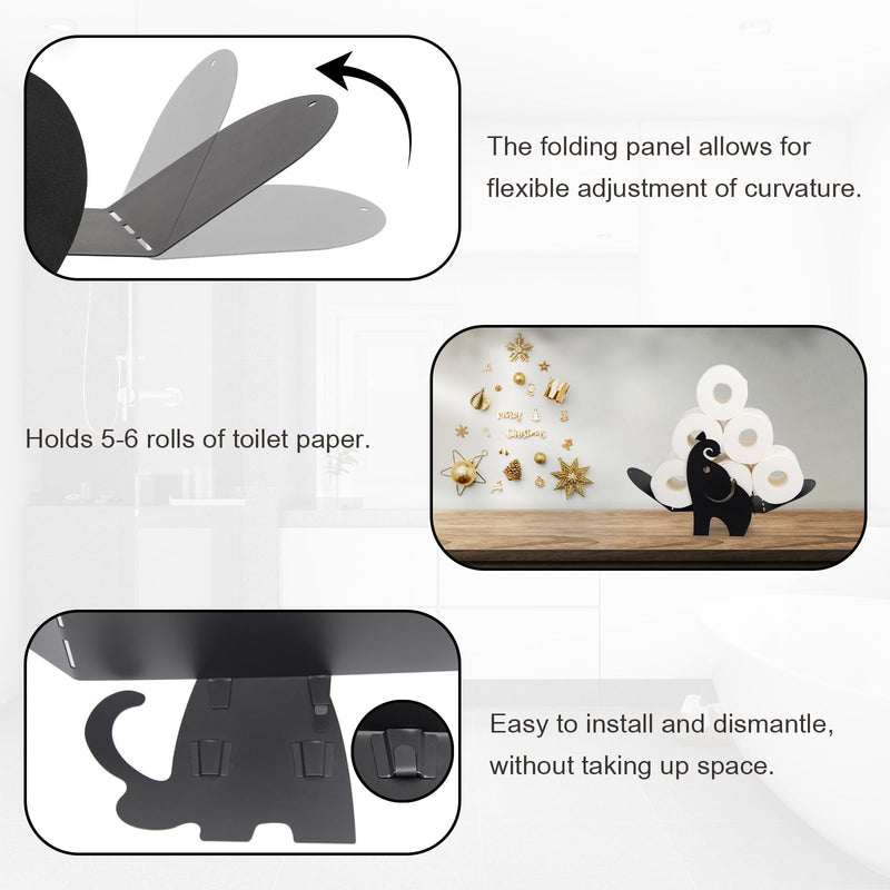 Elephant Toilet Paper Holder – Whimsical Bathroom Decor for Toilet Tank Top, Funny Black Metal Freestanding Storage for 7 Rolls, Unique Novelty Gag Gift Elephant