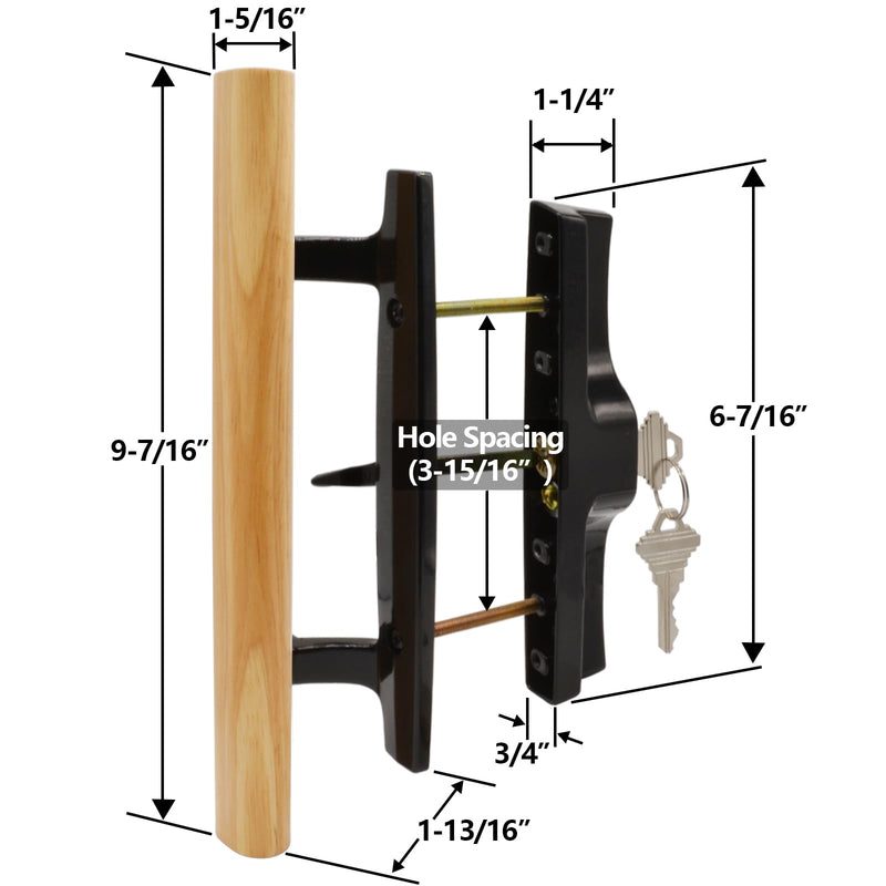 Sliding Glass Patio Door Handle Set with Key Cylinder and Mortise Lock 45° Keyway, Oak Wood Inside Handles and Zinc Diecast Outside Pull, 3-15/16" Hole Spacing, Non-Handed, Black Black Keyed Handles + Mortise Lock