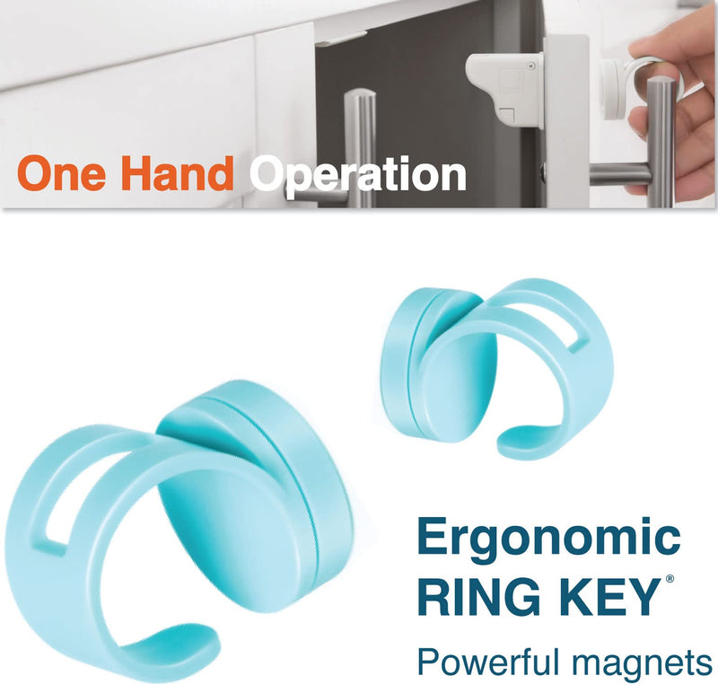 RovingCove Ergonomic Magnetic Cabinet Baby Locks 16-pk, Child Proof Drawer Cupboard Latches, Adhesive, Easy Install with Starter Tape System, 16 Locks 2 Ring Keys 16 Count (Pack of 1) Ivory
