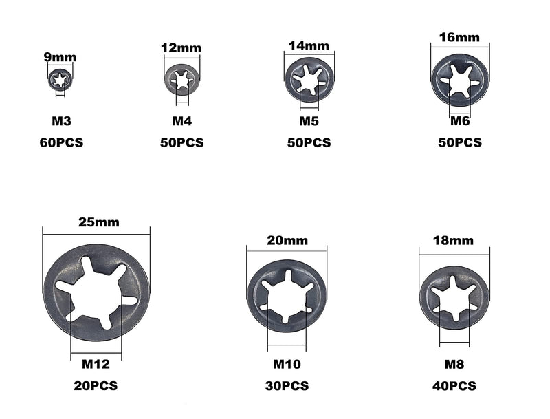 300PCS Metric M3 M4 M5 M6 M8 M10 M12 Internal Tooth Starlock Washers Assortment Kit;External Push Rings; Push On Washers;Push Nuts for Unthreaded Shafts