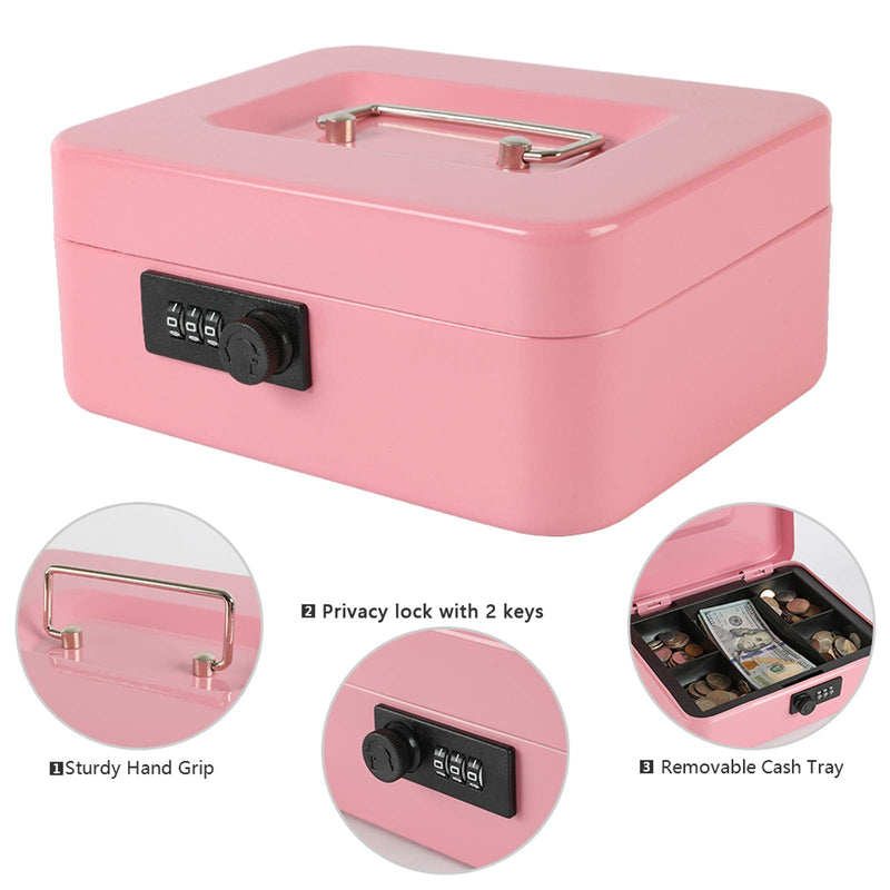 xydled Steel Cash Box Safe with Combination Lock,Money Safe Box with Removable Coin Tray,Medium,7.87"x 6.30"x 3.54",Pink Pink Medium