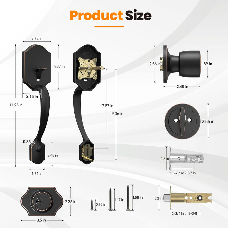 HOSOM Front Door Handle and Deadbolt Set, Single Cylinder Exterior Front Door Lock Set with Interior Door Knob, Front Door Knob Reversible for Right and Left Handed, Oil Rubbed Bronze