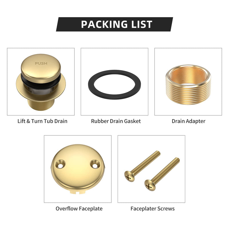 All Metal Tip-Toe Bathtub Drain Kit with Two-Hole Overflow Faceplate and Universal Fine/Coarse Thread Assembly, Bath Tub Drain Kit fits All Bathtub -Brushed Gold Brushed Gold