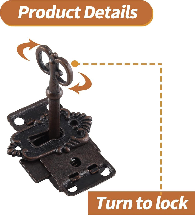 2 Sets Skeleton Key Lock Decorative Antique Red Bronze Cabinet Lock with Key for Chest Cupboard Furniture 2 Sets